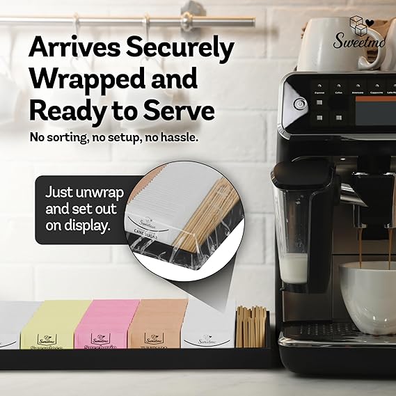 Sweetmo Sugar Packets for Coffee with Serving Tray + Stirrers – 500 Ct Kosher Variety Pack Sweeteners with Cane Sugar, Turbinado, Sucralose, Saccharin – Individually Wrapped for Coffee Station, Office, Airbnb