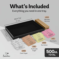 Sweetmo Sugar Packets for Coffee with Serving Tray + Stirrers – 500 Ct Kosher Variety Pack Sweeteners with Cane Sugar, Turbinado, Sucralose, Saccharin – Individually Wrapped for Coffee Station, Office, Airbnb