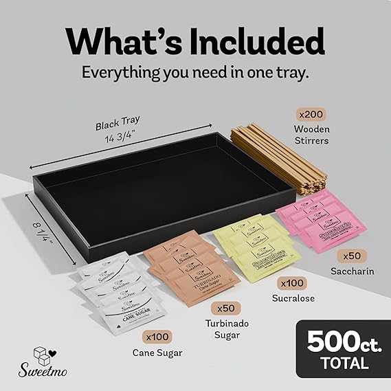 Sweetmo Sugar Packets for Coffee with Serving Tray + Stirrers – 500 Ct Kosher Variety Pack Sweeteners with Cane Sugar, Turbinado, Sucralose, Saccharin – Individually Wrapped for Coffee Station, Office, Airbnb