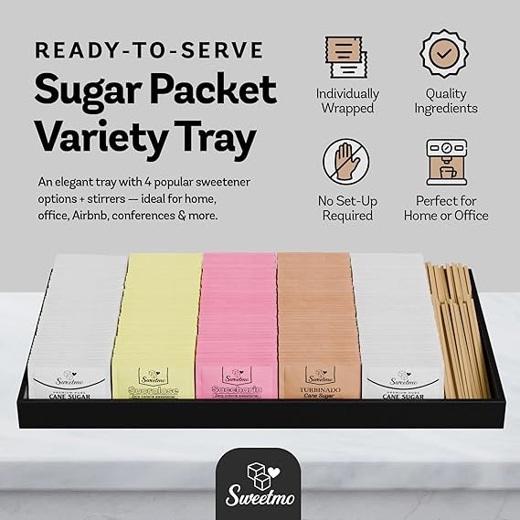Sweetmo Sugar Packets for Coffee with Serving Tray + Stirrers – 500 Ct Kosher Variety Pack Sweeteners with Cane Sugar, Turbinado, Sucralose, Saccharin – Individually Wrapped for Coffee Station, Office, Airbnb