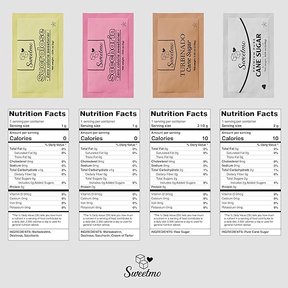 Sweetmo Sugar Packets for Coffee with Serving Tray + Stirrers – 500 Ct Kosher Variety Pack Sweeteners with Cane Sugar, Turbinado, Sucralose, Saccharin – Individually Wrapped for Coffee Station, Office, Airbnb