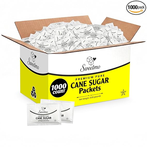 Sweetmo Sugar Packets 1000 Count – Pure Cane White Granulated Sugar Packets, Individual Wrapped, Bulk Packets for Coffee, Restaurants, Office, Cafés & Food Service