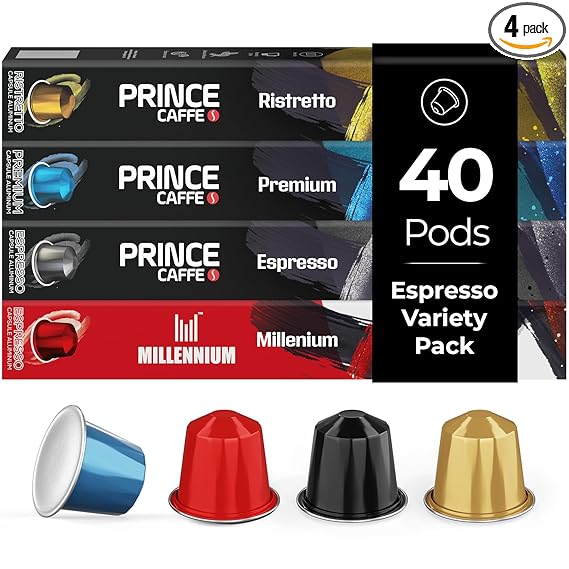 Prince Caffe Espresso Pods – 4 Flavor Variety Pack – Intensity 7-10 Medium to Dark Roast Coffee Capsules – Compatible with Nespresso, Pods for Original Line Machines – 4 x 10 Pack (40 Count)