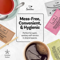 Sweetmo Sugar Packets for Coffee with Serving Tray + Stirrers – 500 Ct Kosher Variety Pack Sweeteners with Cane Sugar, Turbinado, Sucralose, Saccharin – Individually Wrapped for Coffee Station, Office, Airbnb