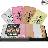 Sweetmo Sugar Packets for Coffee with Serving Tray + Stirrers – 500 Ct Kosher Variety Pack Sweeteners with Cane Sugar, Turbinado, Sucralose, Saccharin – Individually Wrapped for Coffee Station, Office, Airbnb