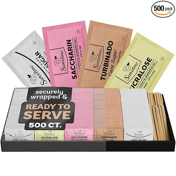 Sweetmo Sugar Packets for Coffee with Serving Tray + Stirrers – 500 Ct Kosher Variety Pack Sweeteners with Cane Sugar, Turbinado, Sucralose, Saccharin – Individually Wrapped for Coffee Station, Office, Airbnb