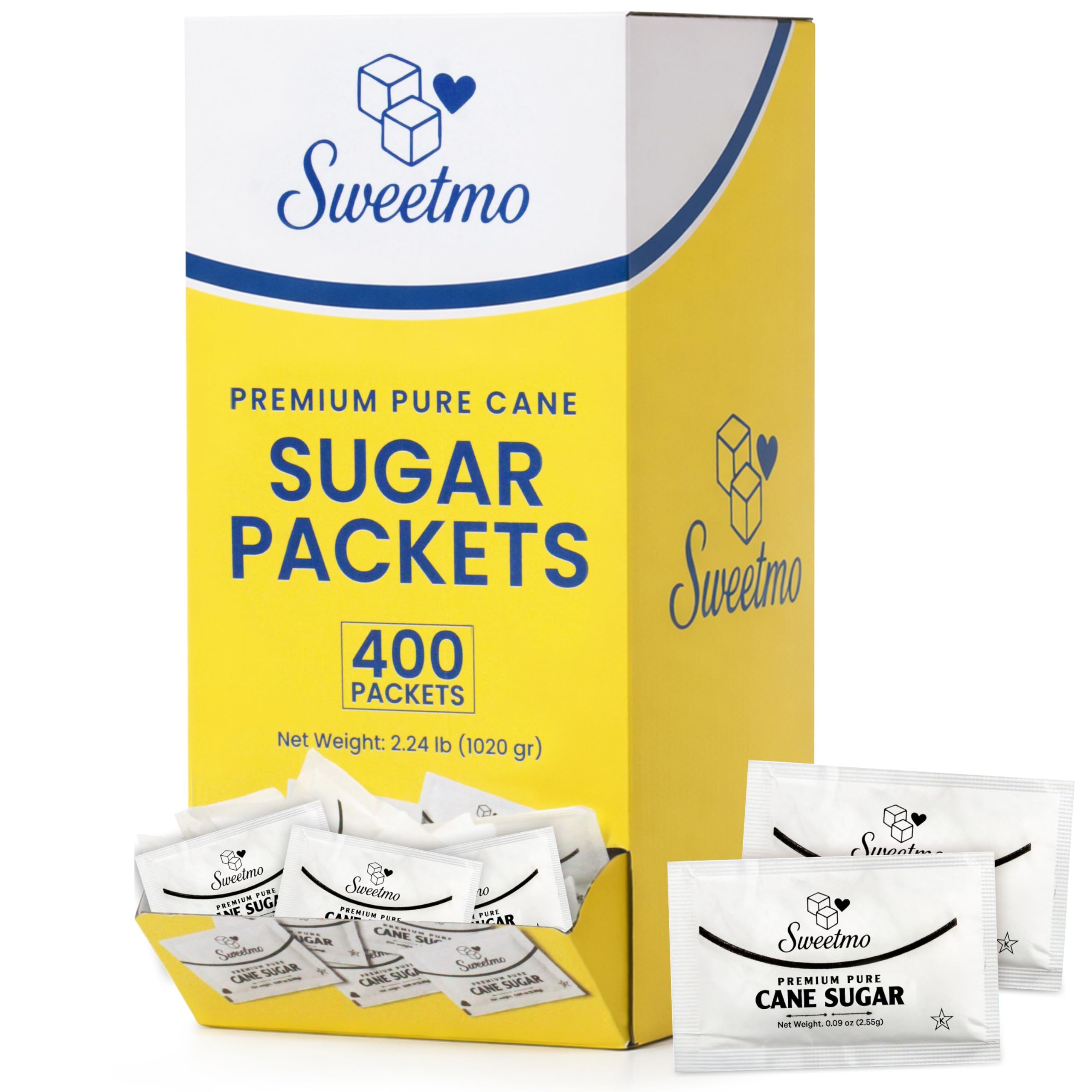 Sweetmo Cane Sugar packets  - 400 Count Dispenser Box, Pure Cane White Granulated Sugar Packets, Individual Wrapped, Bulk Packets for Coffee, Restaurants, Office, Cafés & Food Service