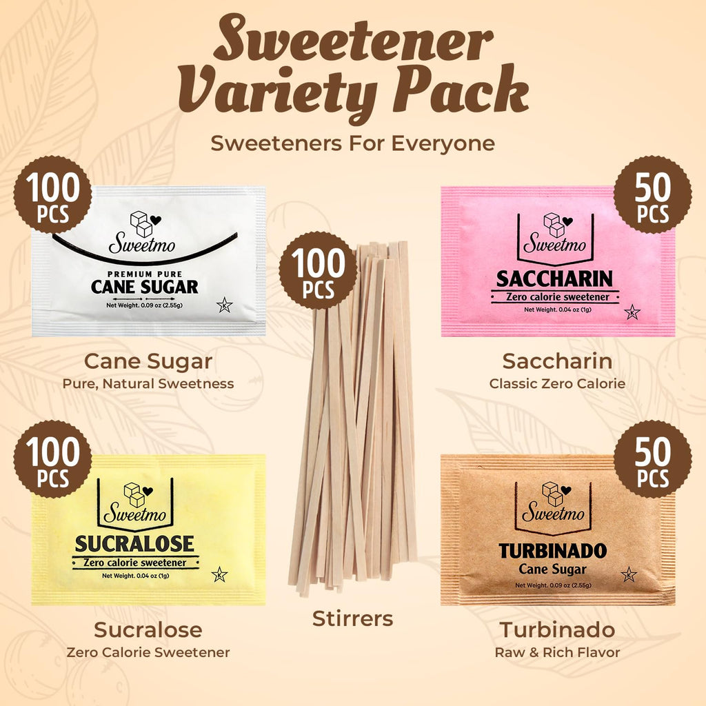 Sweetmo Sugar Packets Variety Pack - Sucralose, Raw Sugar, Saccharin, Cane Sugar with Wooden Stirrers - 400 Count for Coffee, Tea, Office Breakrooms, Home & Airbnb