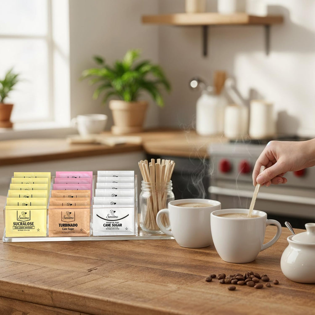 Sweetmo Sugar Packets Variety Pack - Sucralose, Raw Sugar, Saccharin, Cane Sugar with Wooden Stirrers - 400 Count for Coffee, Tea, Office Breakrooms, Home & Airbnb