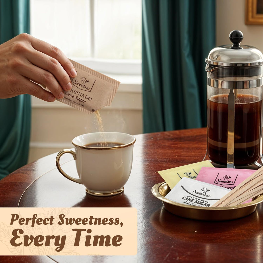 Sweetmo Sugar Packets Variety Pack - Sucralose, Raw Sugar, Saccharin, Cane Sugar with Wooden Stirrers - 300 Count for Coffee, Tea, Office Breakrooms, Home & Airbnb