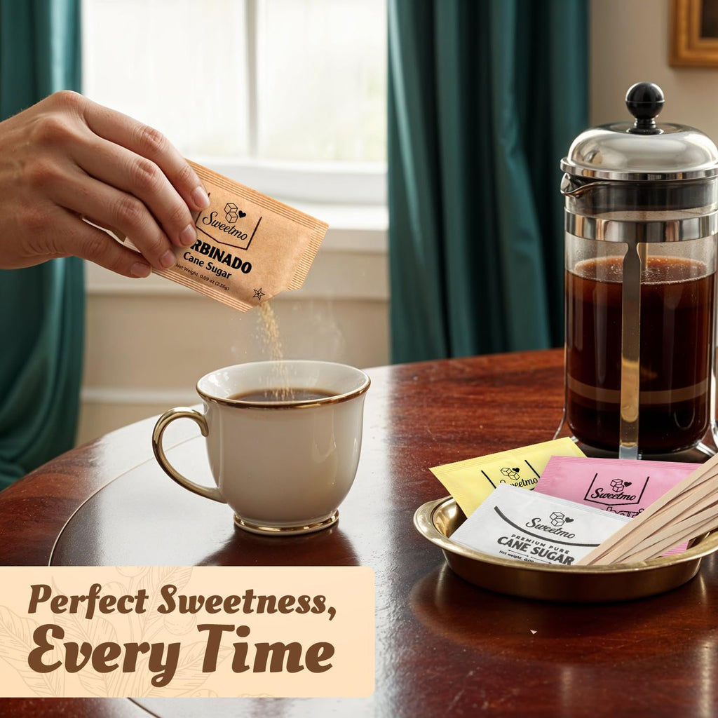 Sweetmo Sugar Packets Variety Pack - Sucralose, Raw Sugar, Saccharin, Cane Sugar with Wooden Stirrers - 400 Count for Coffee, Tea, Office Breakrooms, Home & Airbnb