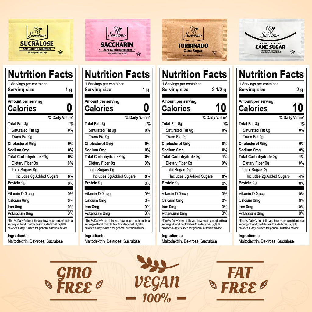 Sweetmo Sugar Packets Variety Pack - Sucralose, Raw Sugar, Saccharin, Cane Sugar with Wooden Stirrers - 400 Count for Coffee, Tea, Office Breakrooms, Home & Airbnb