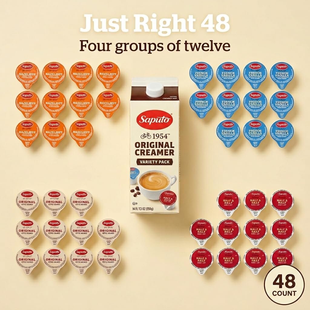 Coffee Creamer Singles Variety Pack- 48 Count - 4 Flavors Half & Half, Hazelnut, French Vanilla, , Original– Non-Dairy Creamers for Coffee, Tea, Office, Home, Bar & Gifting