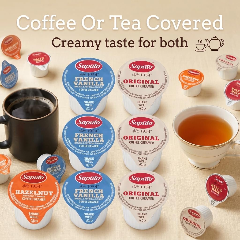 Coffee Creamer Singles Variety Pack- 100 Count - 4 Flavors Half & Half, Hazelnut, French Vanilla, Original– Non-Dairy Creamers for Coffee, Tea, Office, Home, Bar & Gifting