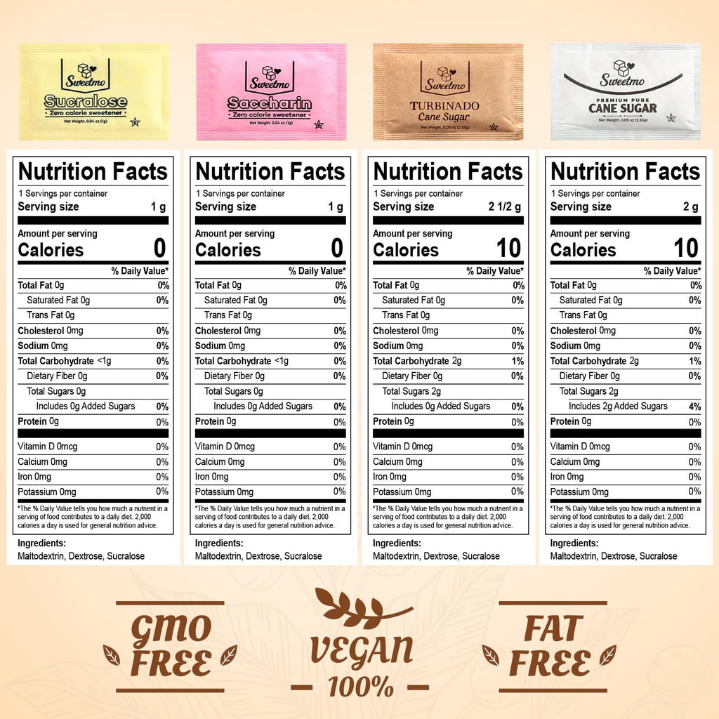 Sweetmo Sugar Packets Variety Pack - Sucralose, Raw Sugar, Saccharin, Cane Sugar with Wooden Stirrers - 300 Count for Coffee, Tea, Office Breakrooms, Home & Airbnb