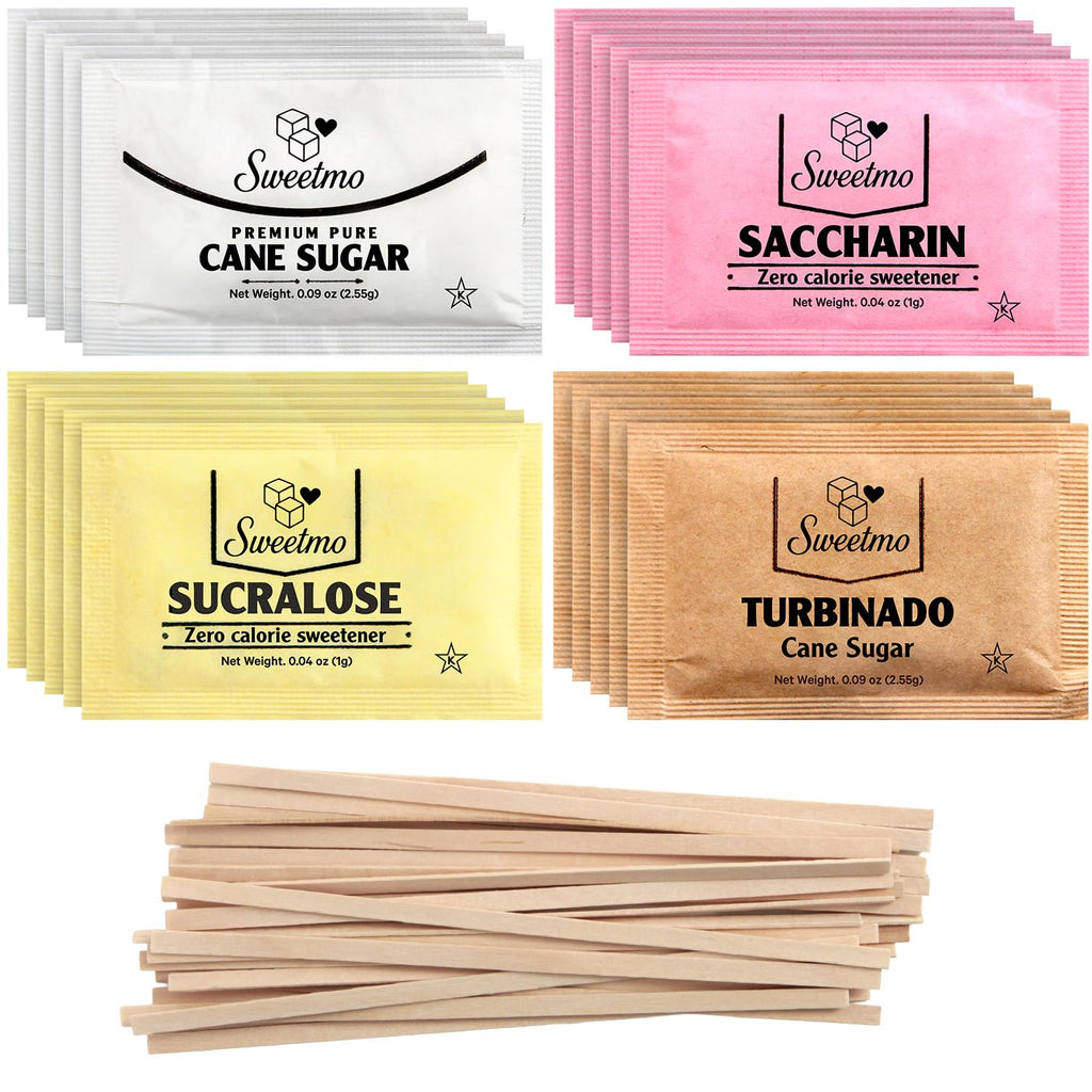 Sweetmo Sugar Packets Variety Pack - Sucralose, Raw Sugar, Saccharin, Cane Sugar with Wooden Stirrers - 300 Count for Coffee, Tea, Office Breakrooms, Home & Airbnb