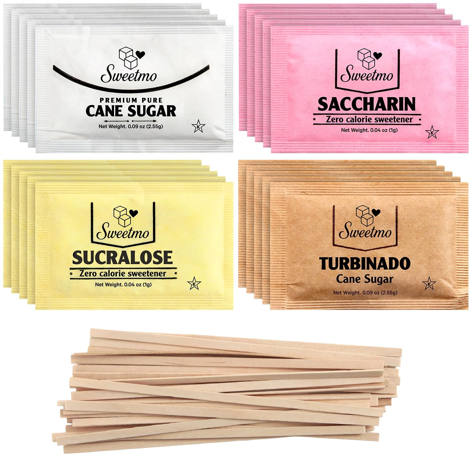 Sweetmo Sugar Packets Variety Pack - Sucralose, Raw Sugar, Saccharin, Cane Sugar with Wooden Stirrers - 300 Count for Coffee, Tea, Office Breakrooms, Home & Airbnb