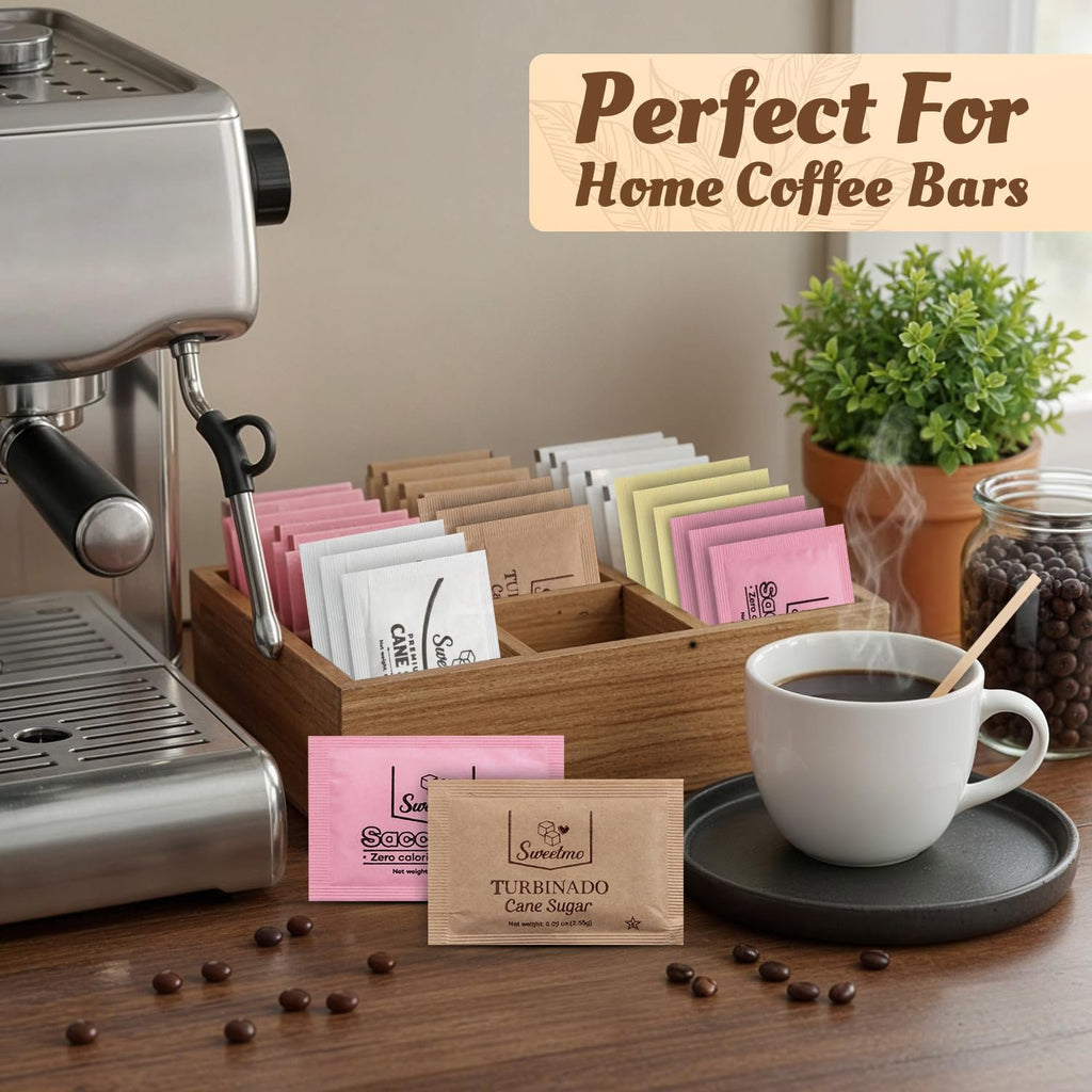 Sweetmo Sugar Packets Variety Pack - Sucralose, Raw Sugar, Saccharin, Cane Sugar with Wooden Stirrers - 300 Count for Coffee, Tea, Office Breakrooms, Home & Airbnb